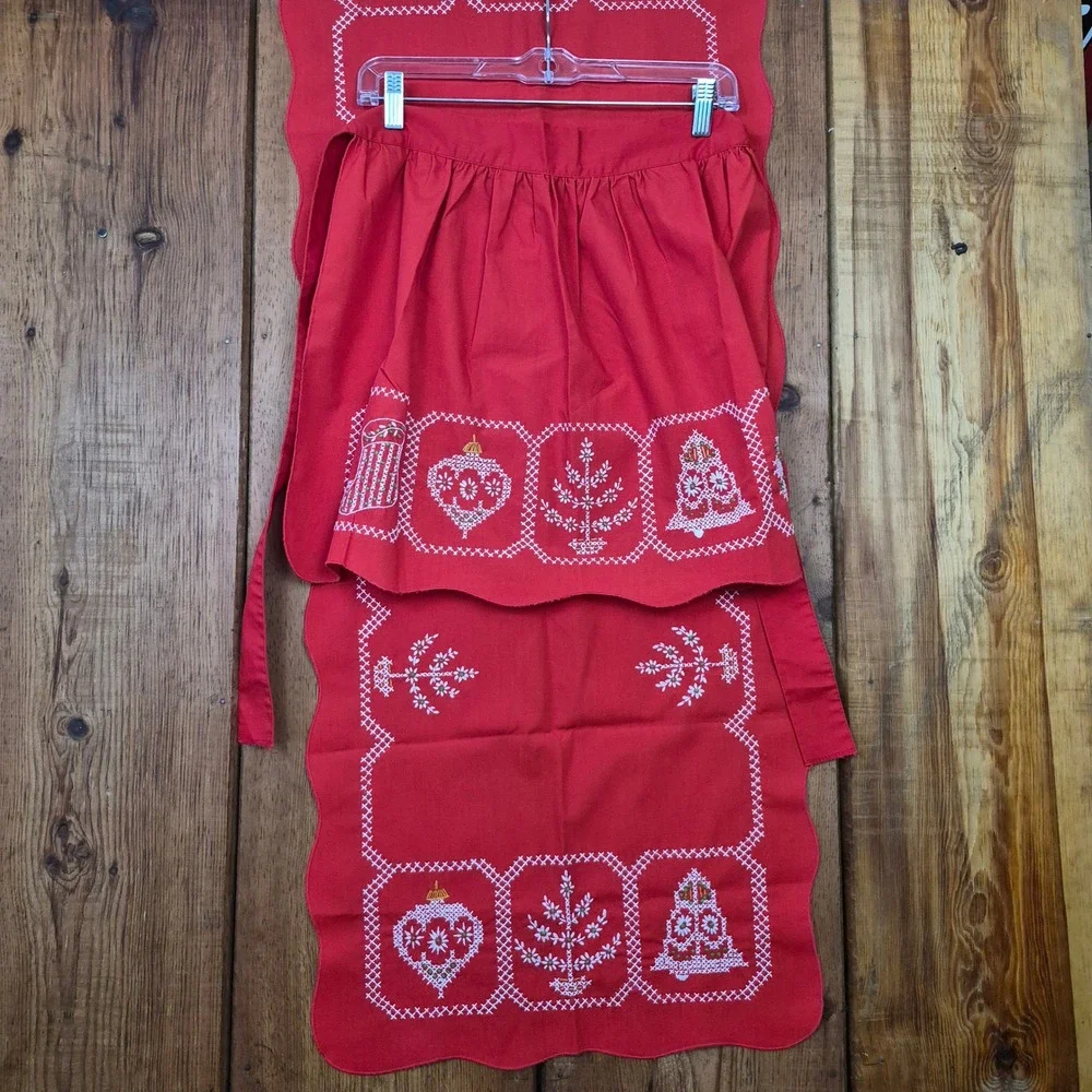 Vintage Christmas Red Cross Stitch Apron and Table Runner Set